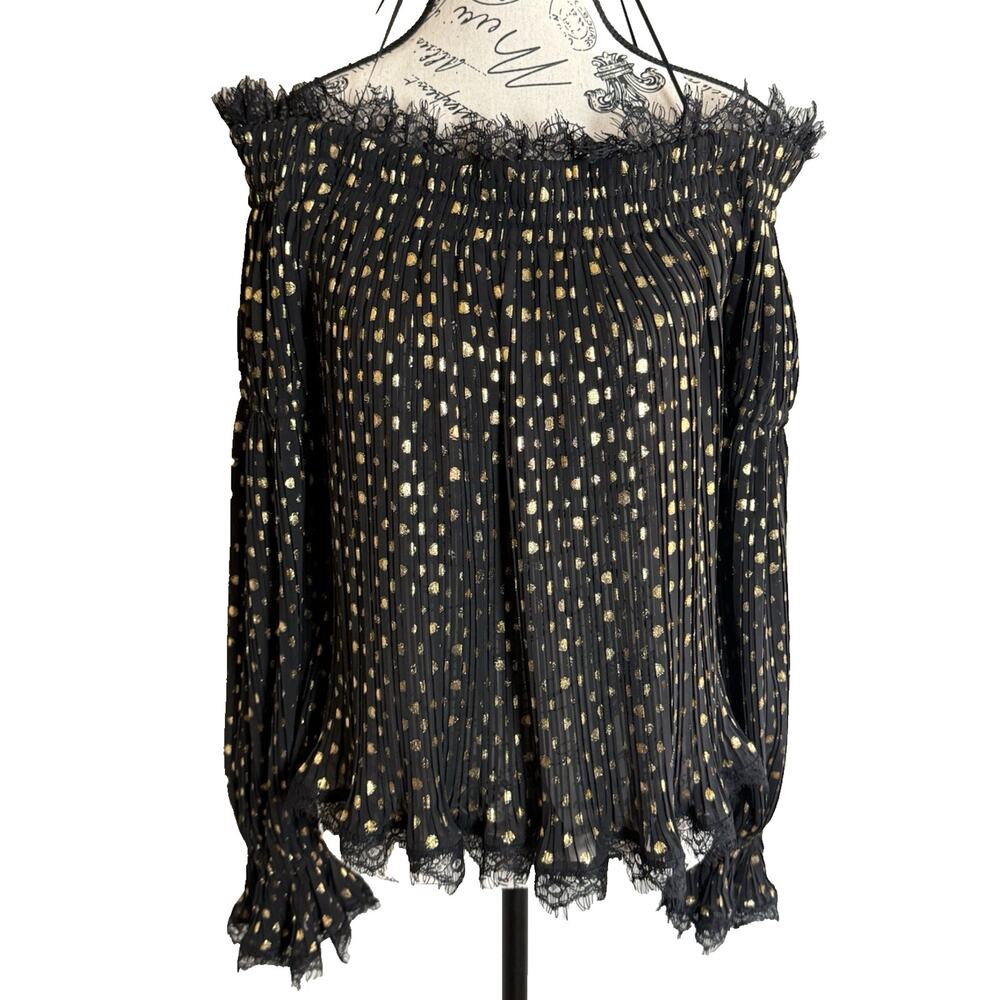 THE KOOPLES Moonlight Black Sheer Golden Metallic Dots Off Shoulder Glam SZ 1(S)